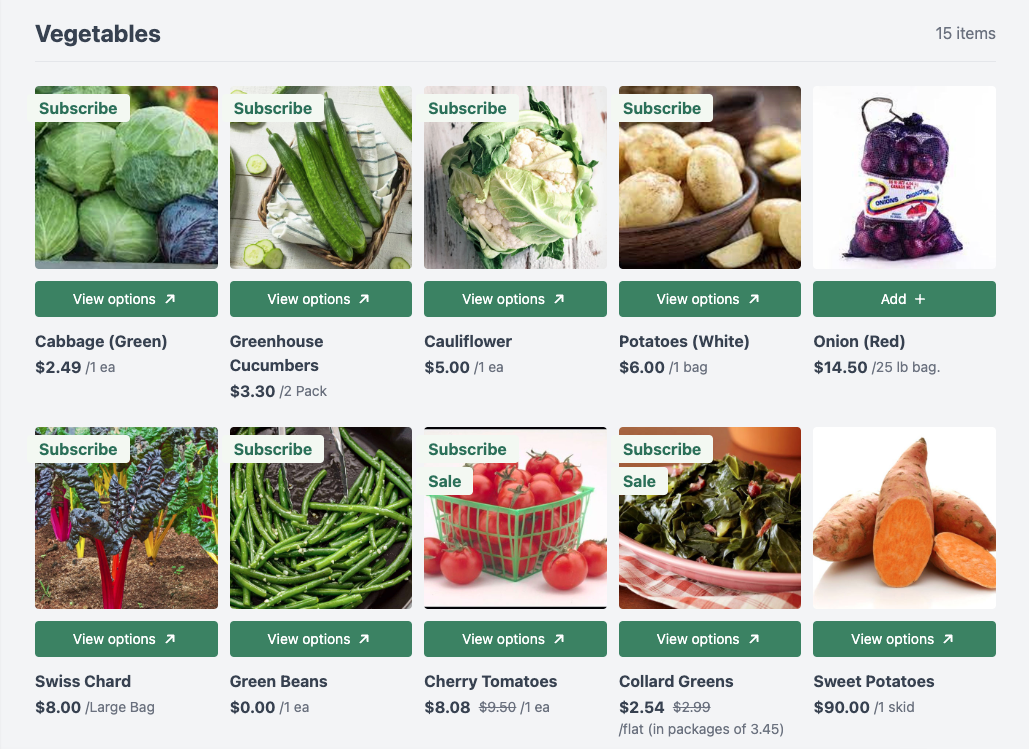 Screenshot of Local Line storefront in grid view showcasing a bunch of different vegetables for sale.