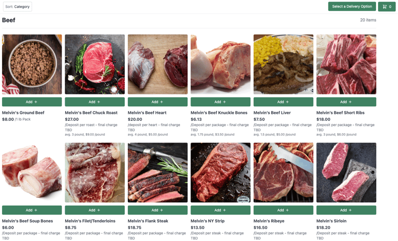 Melvin's Farm to Fork online store powered by Local Line showcasing their beef offering. 