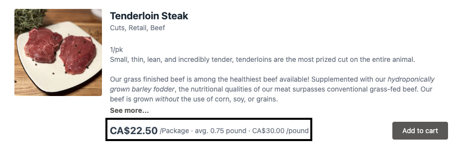 Tenderloin steak listed on farm e-commerce.