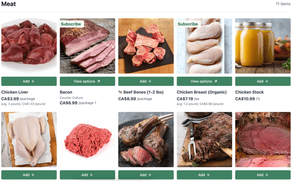 Local Line farm e-commerce storefront showcasing different meat products such as bacon, beef, chicken, and steak.