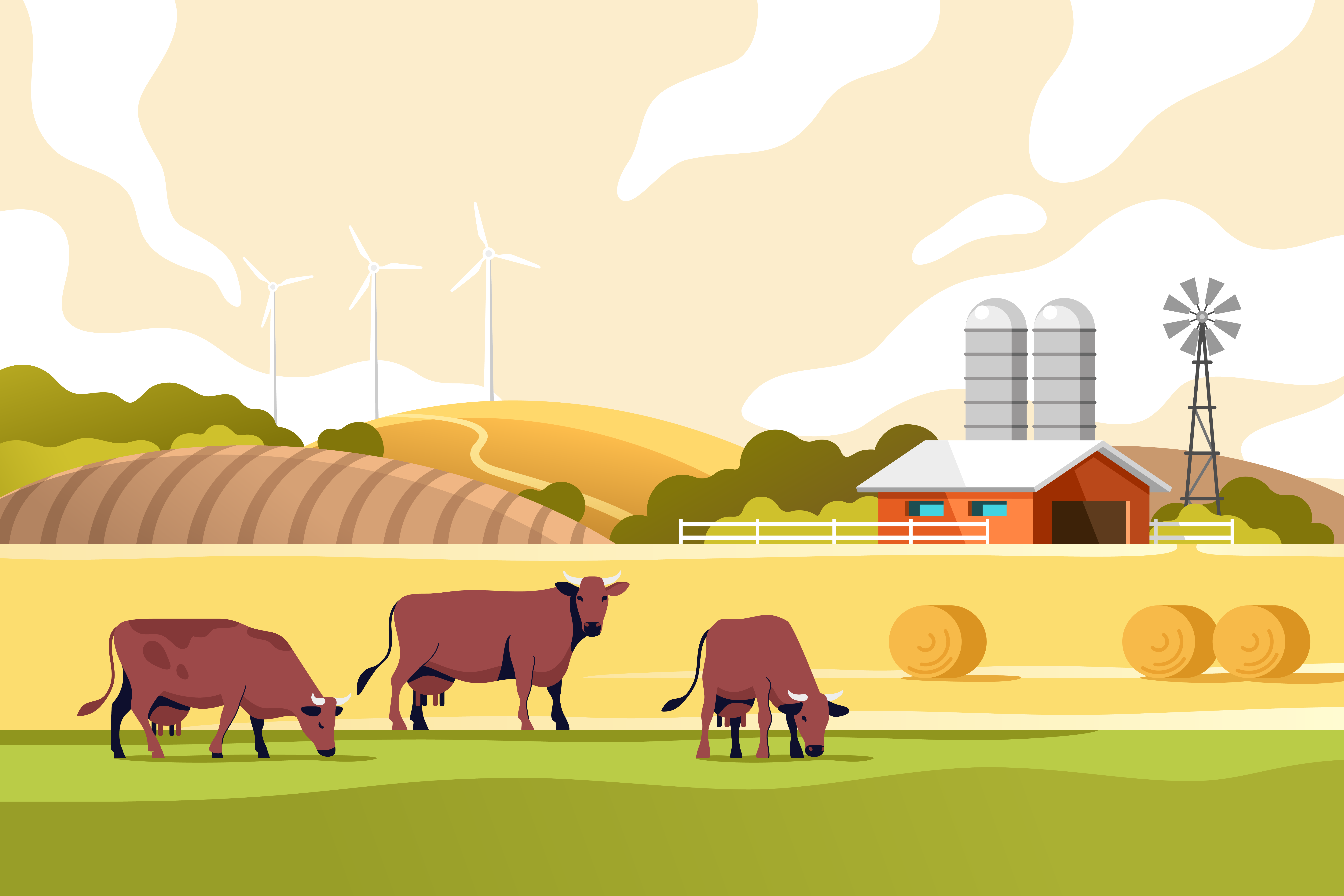 Drawing of cows in front of sustainable energy