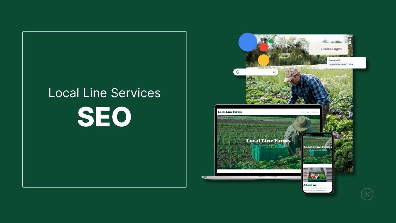 Local Line SEO service with image of farm website, search bar, and Google logo.